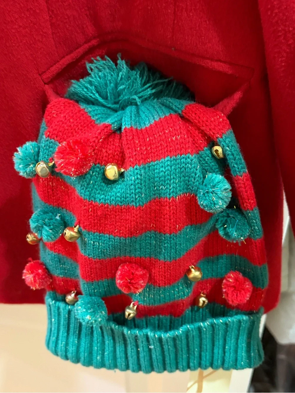 Red & Green Striped jingle bell scarf & matching pompom hat